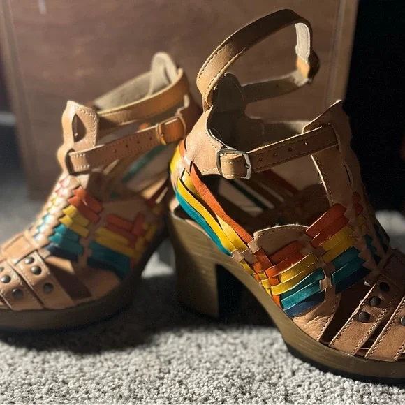 Mexican Huarache Colorful Leather Strappy Heels Sandals Women’s 9 Mexico 26 - Picture 1 of 13